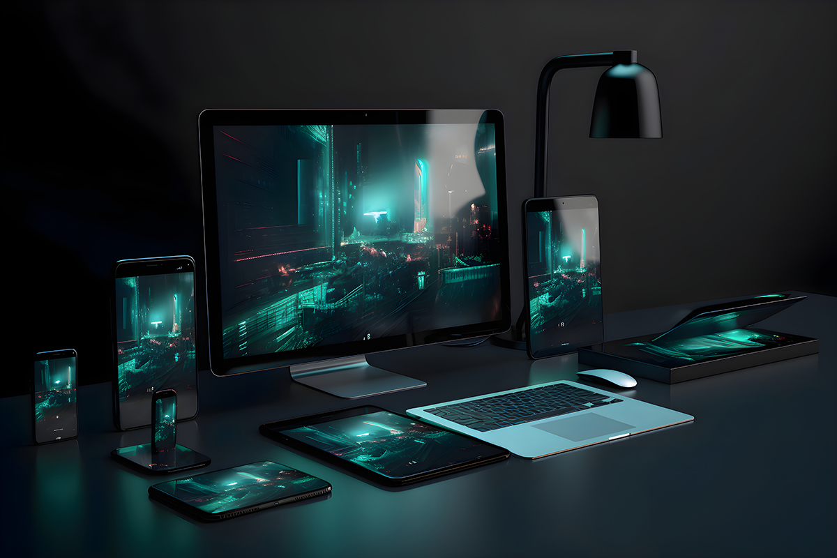 computer tablet smartphone table lamp dark room 3d rendering