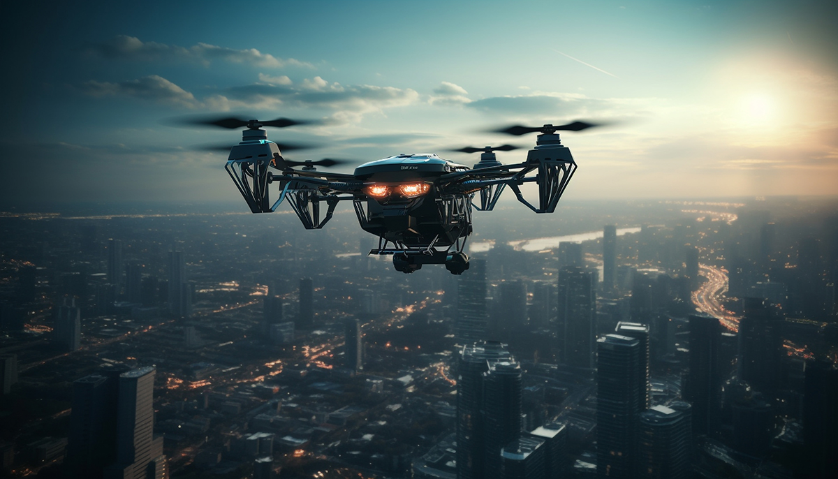 futuristic drone hovers mid air filming cityscape generated by ai